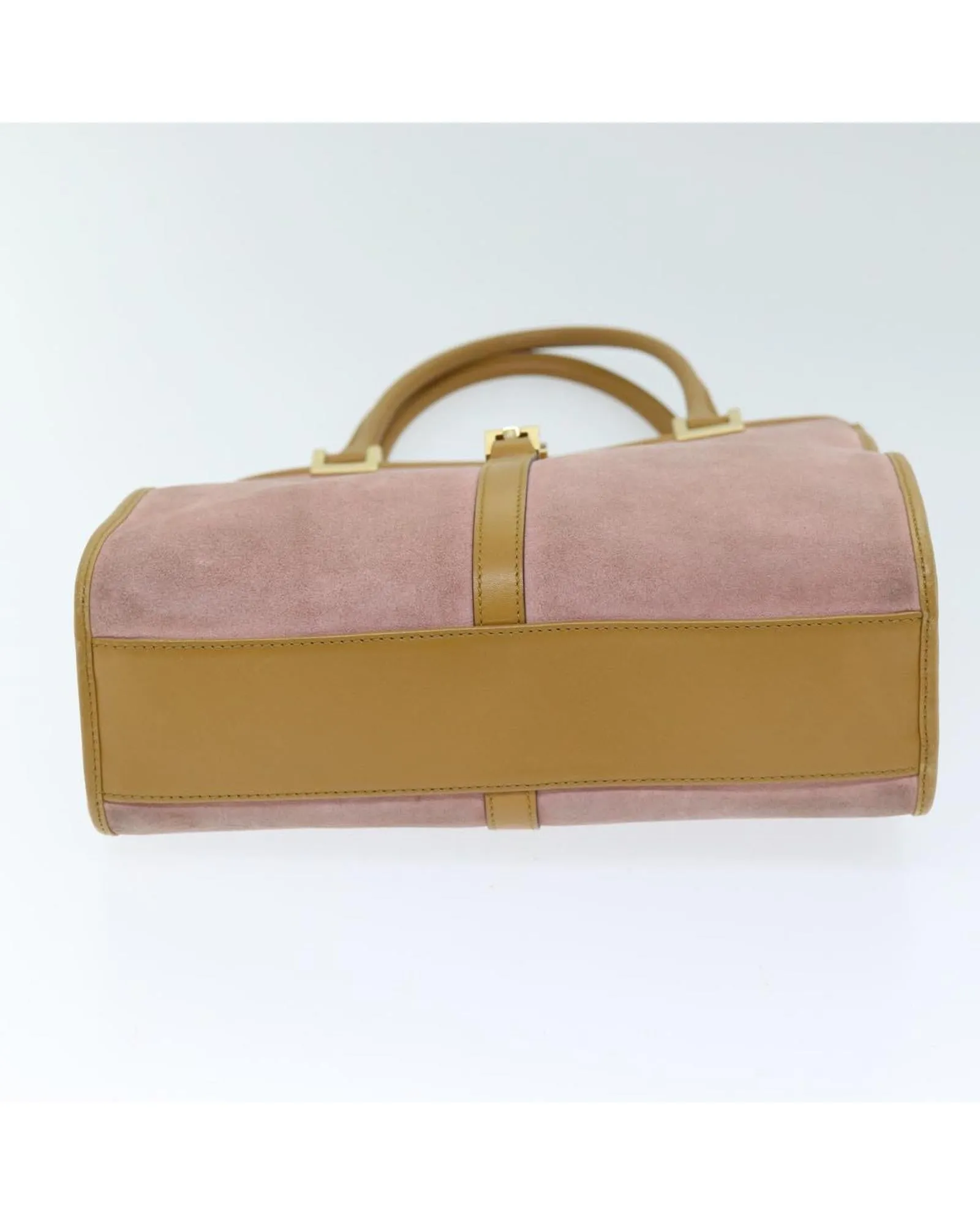 Pink Suede Hand Bag with Metal Fittings and Multiple Pockets