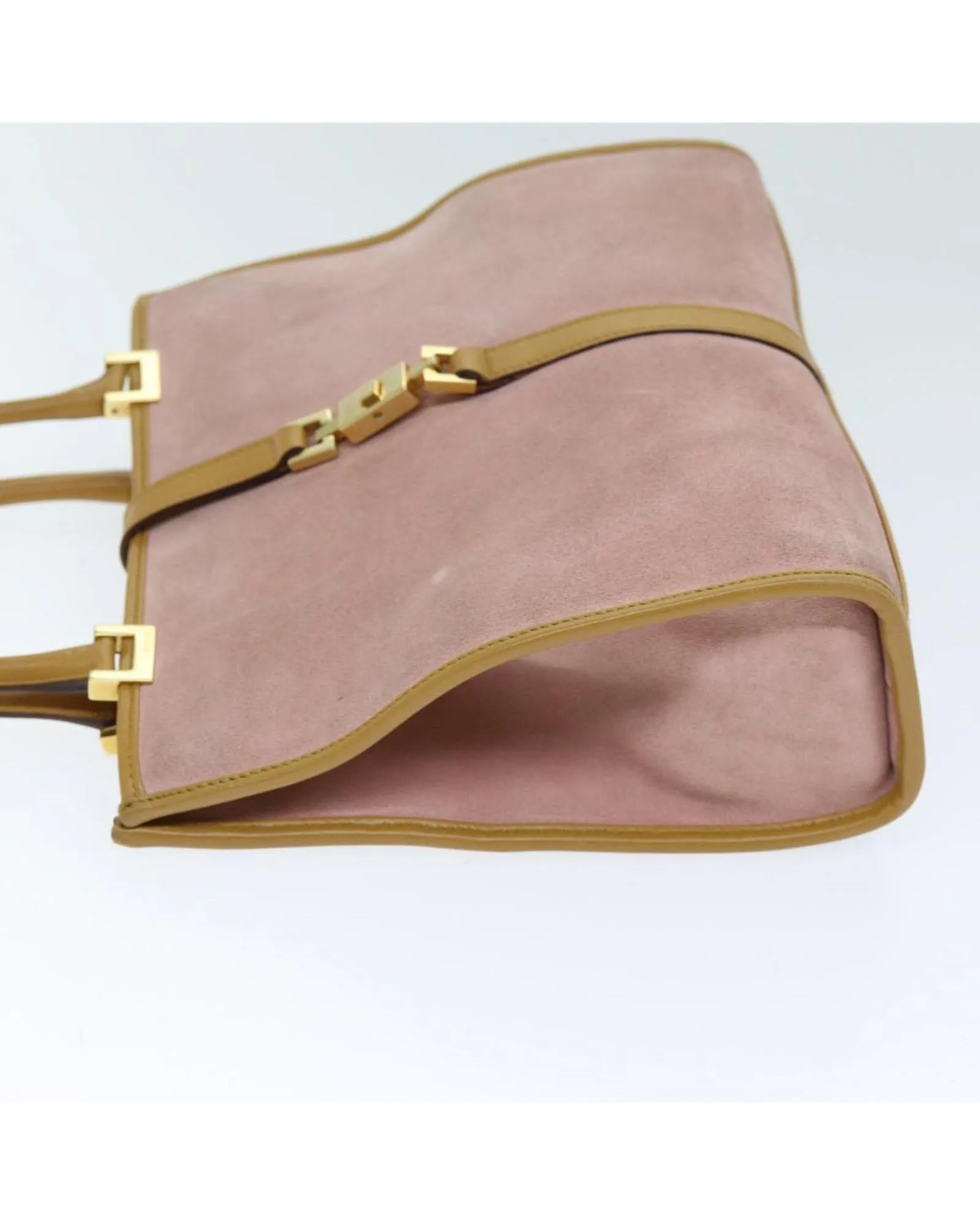 Pink Suede Hand Bag with Metal Fittings and Multiple Pockets