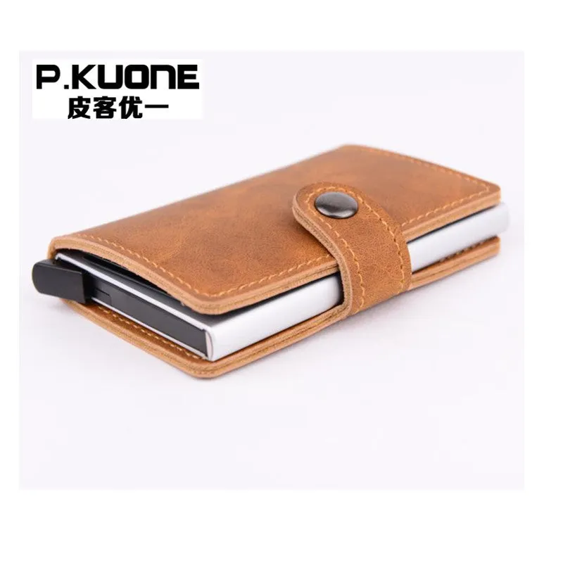 P.KUONE RFID Blocking Mini Wallet 2017 Protect Safe Credit Card Holder Designer High Quality Aluminum Leather Clip Waller Purse