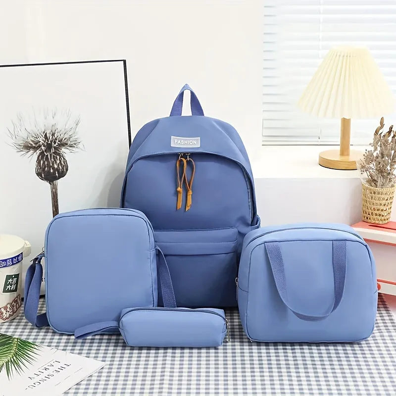 Preppy Style 4pc Backpack Set Classic Solid Color for Travel