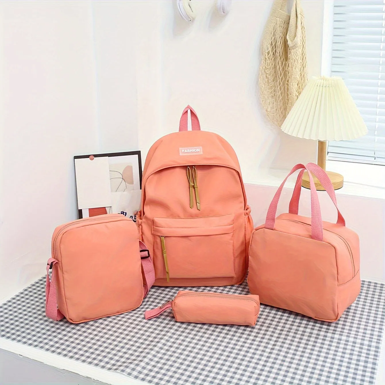 Preppy Style 4pc Backpack Set Classic Solid Color for Travel