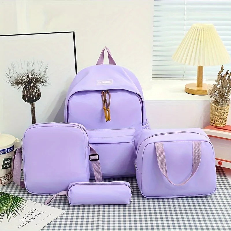 Preppy Style 4pc Backpack Set Classic Solid Color for Travel