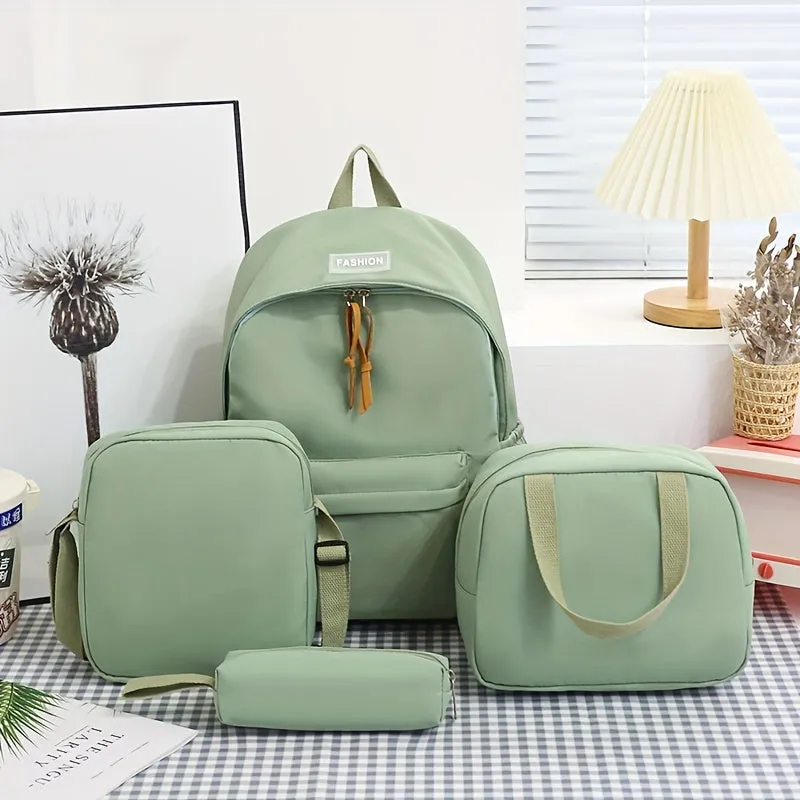 Preppy Style 4pc Backpack Set Classic Solid Color for Travel