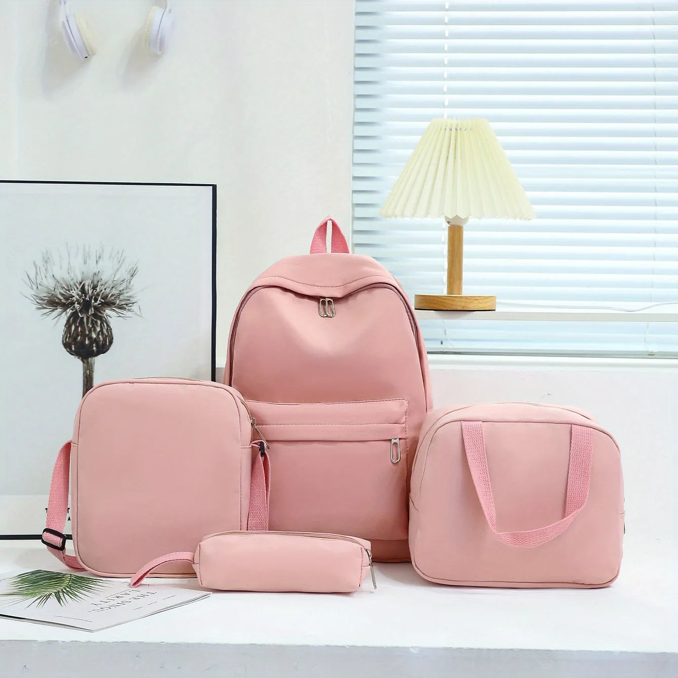 Preppy Style 4pc Backpack Set Classic Solid Color for Travel