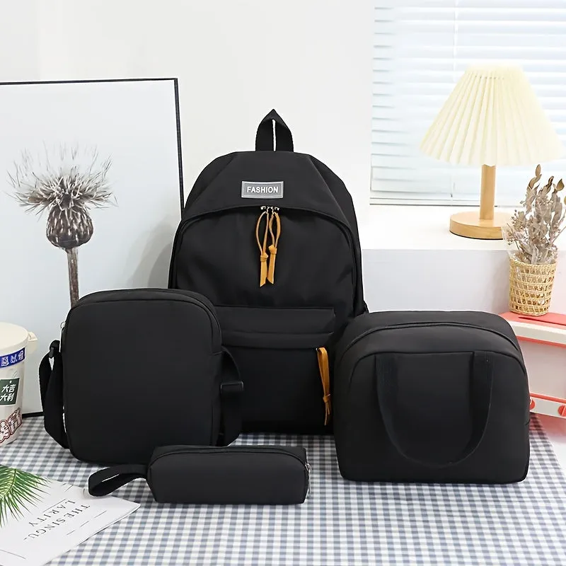 Preppy Style 4pc Backpack Set Classic Solid Color for Travel