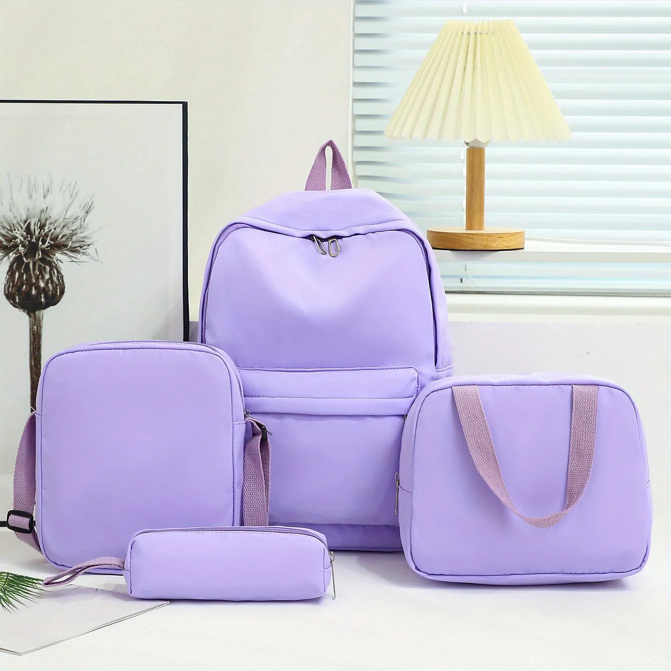 Preppy Style 4pc Backpack Set Classic Solid Color for Travel