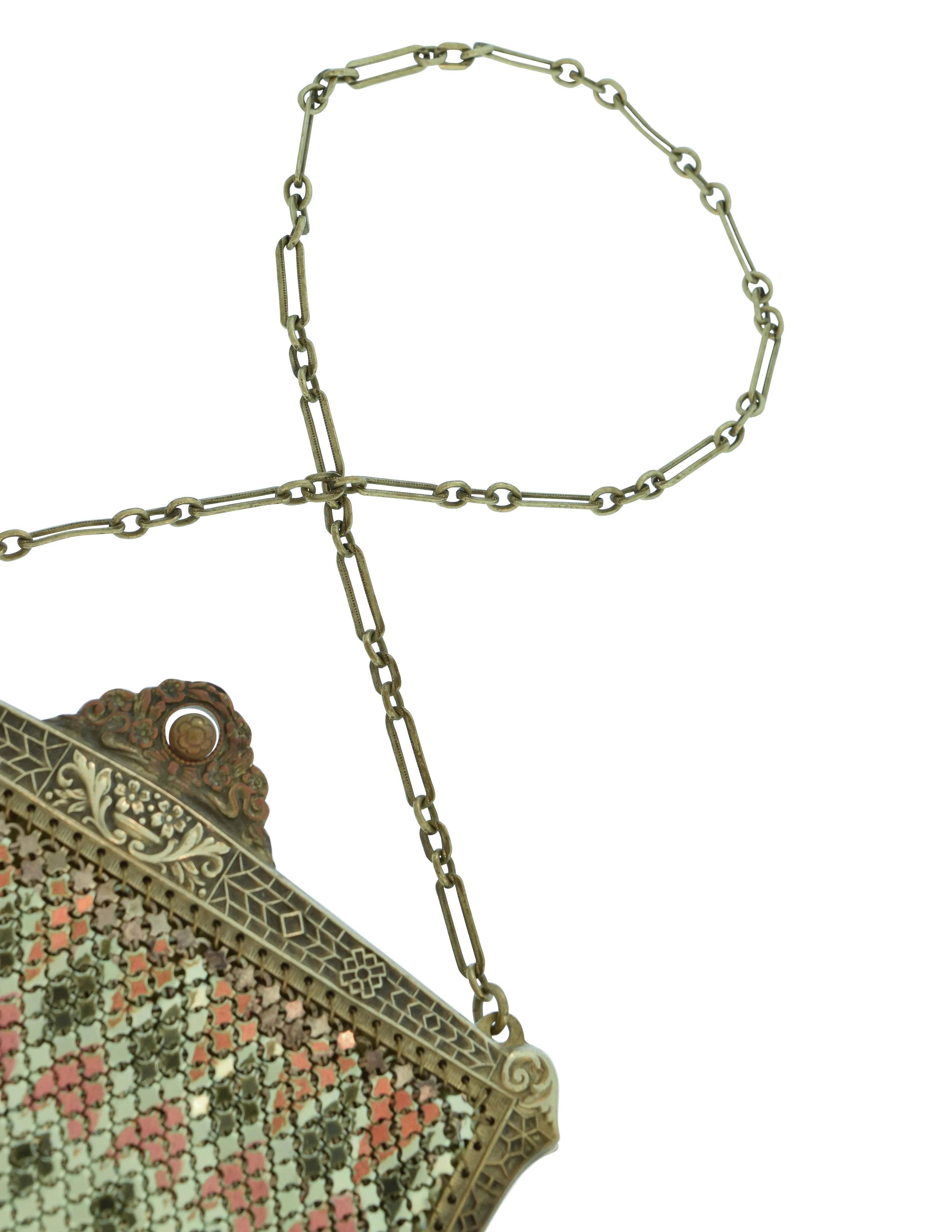 Sahatiel Mandalian Vintage 1920s Turkish Inspired Pearl Floral Enamel Chainmail Metal Mesh Handbag