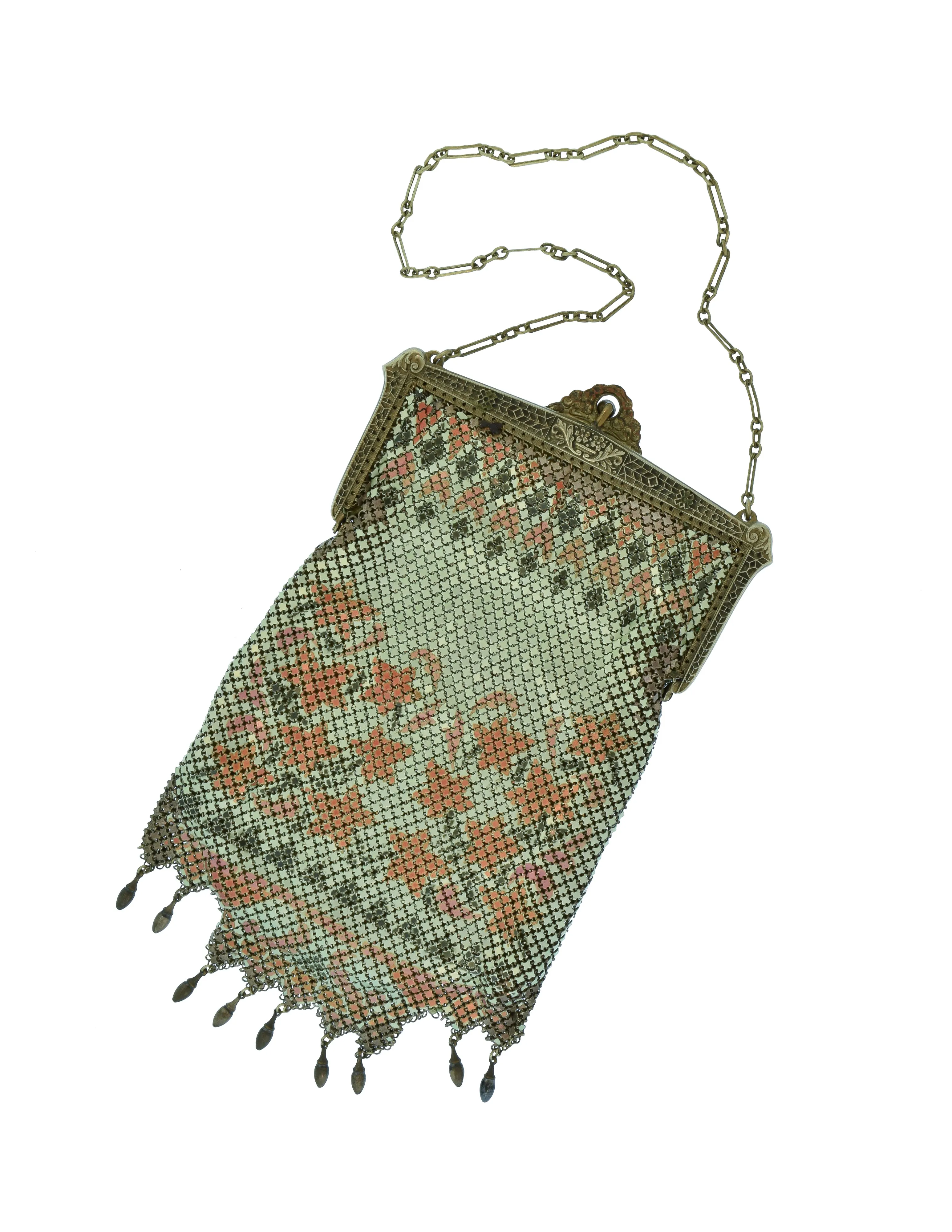 Sahatiel Mandalian Vintage 1920s Turkish Inspired Pearl Floral Enamel Chainmail Metal Mesh Handbag