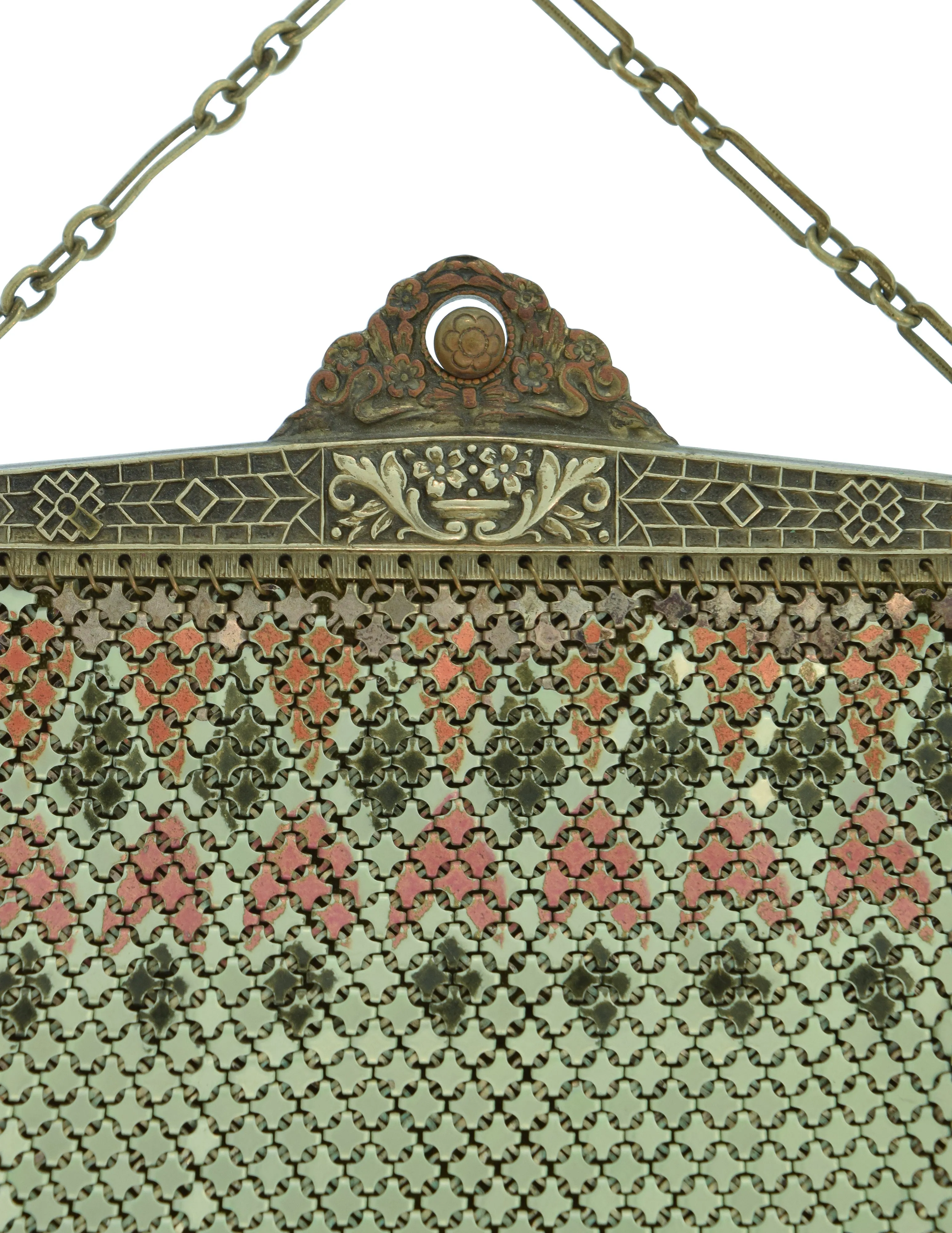 Sahatiel Mandalian Vintage 1920s Turkish Inspired Pearl Floral Enamel Chainmail Metal Mesh Handbag