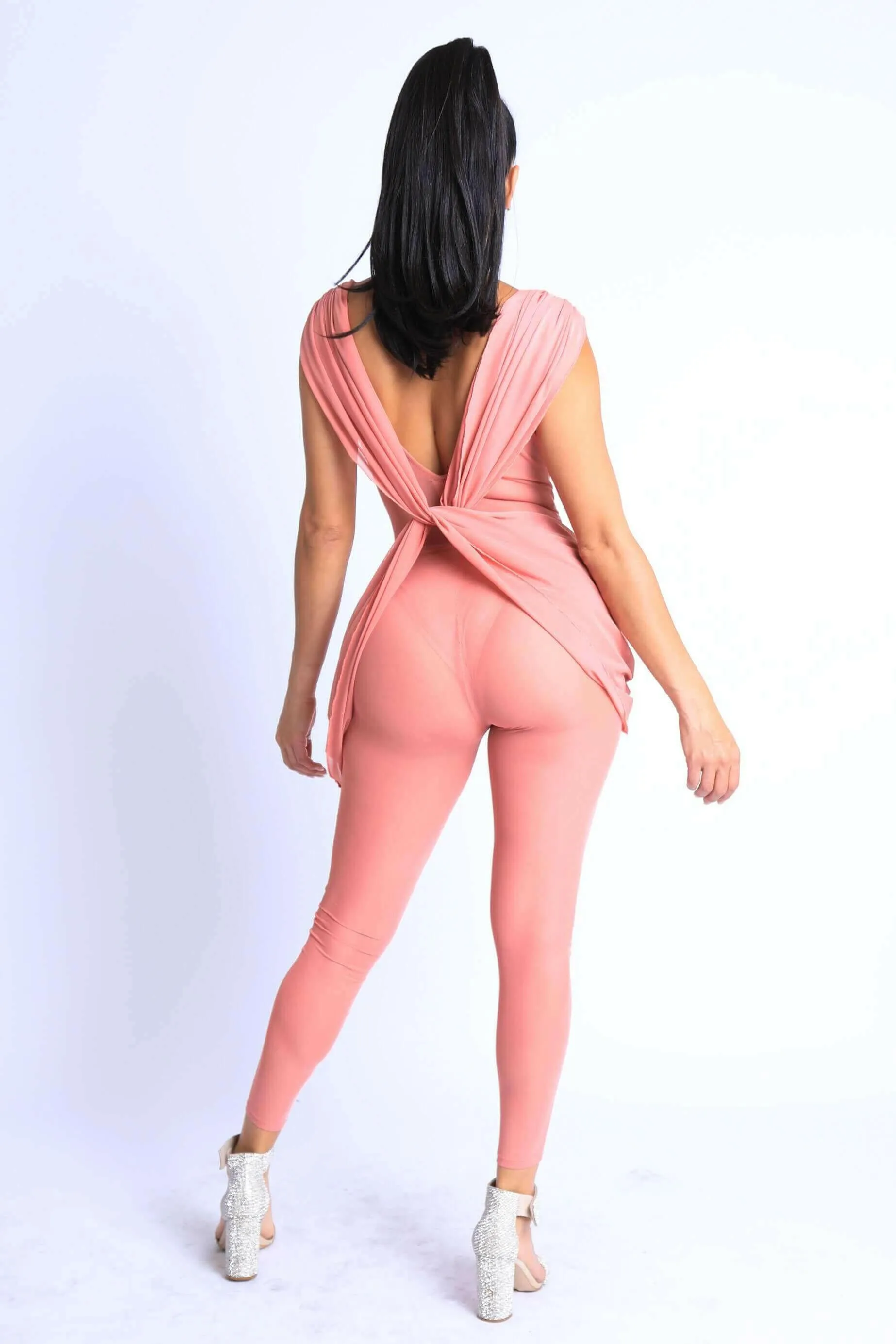 Sexy Sleeveless Lightweight Draped Mesh Jumpsuit Party Clubwear MAUVE