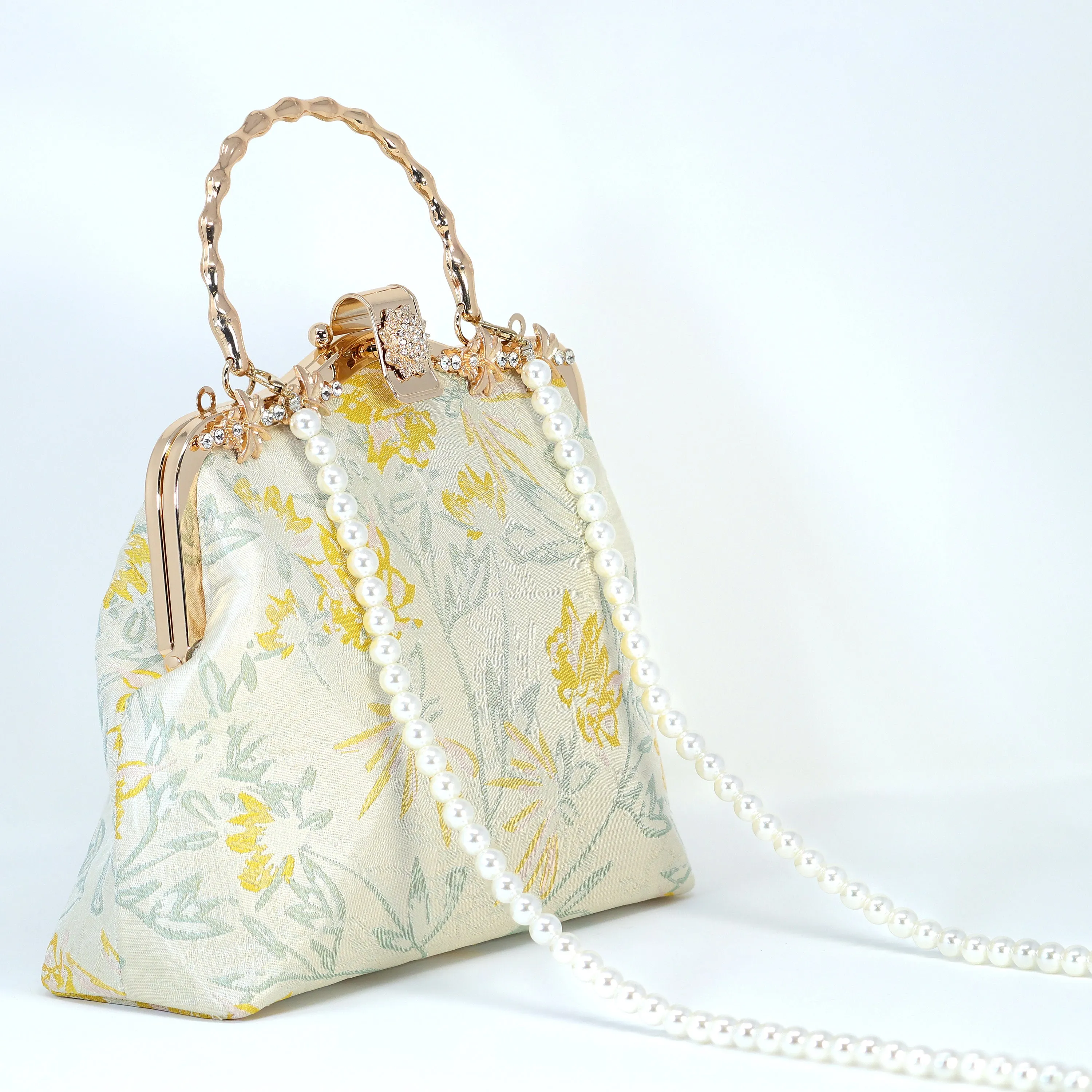 Shimmering Gold Yellow Floral Embroidered Fabric Floral Bridal Wedding Bag, Statement Bag, Evening Wedding Clutch, Cross Body Bag