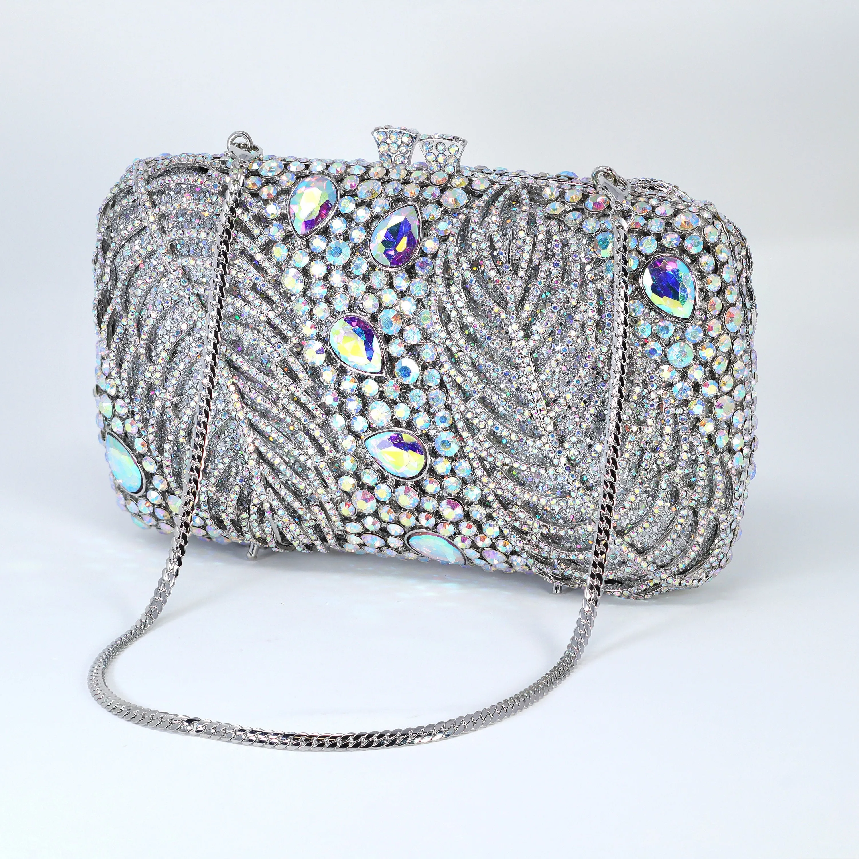 Silver Blue AB Crystal Embellished Falling Feathers Wedding Clutch, Statement Bag, Evening Wedding Clutch, Cross Body Bag