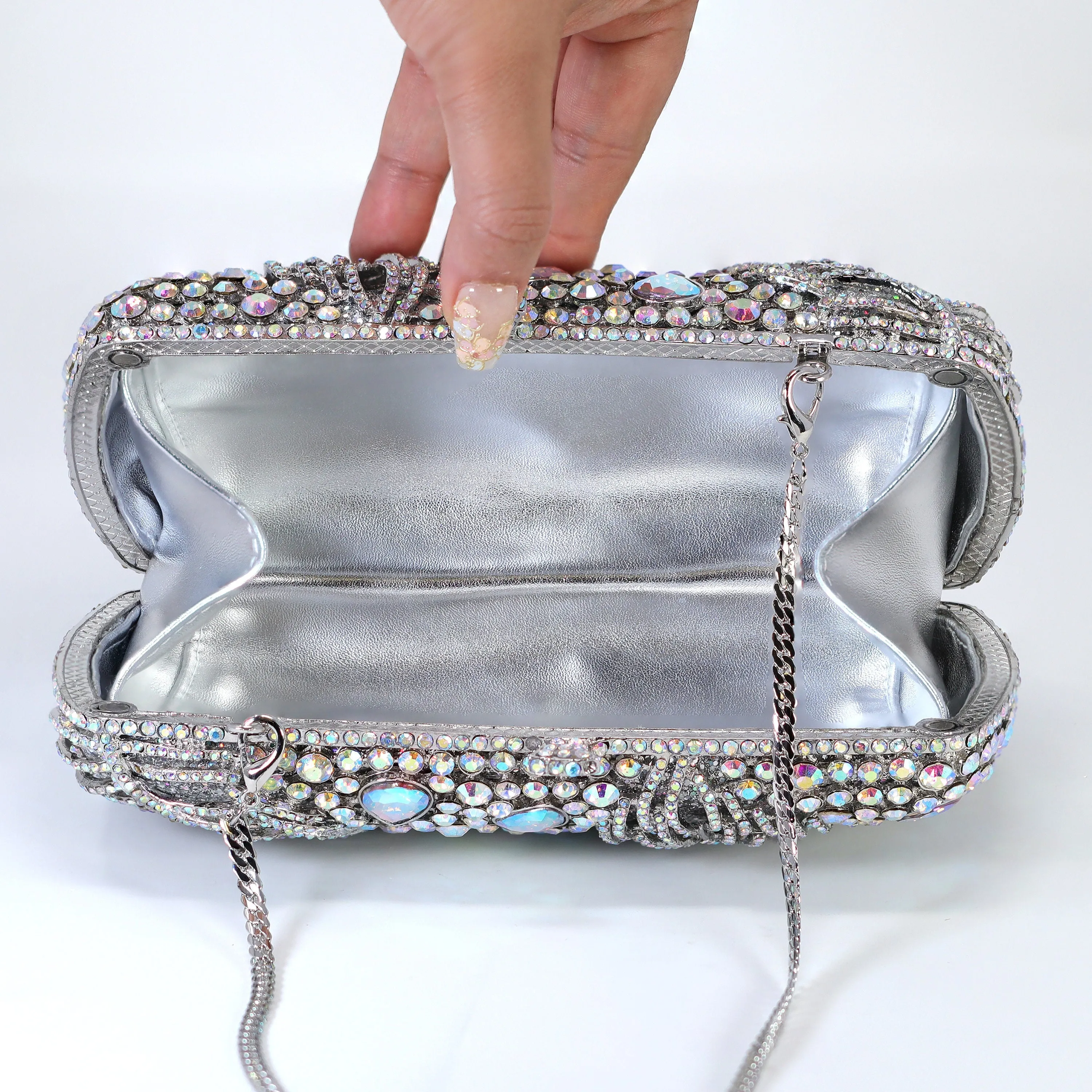 Silver Blue AB Crystal Embellished Falling Feathers Wedding Clutch, Statement Bag, Evening Wedding Clutch, Cross Body Bag