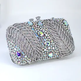 Silver Blue AB Crystal Embellished Falling Feathers Wedding Clutch, Statement Bag, Evening Wedding Clutch, Cross Body Bag