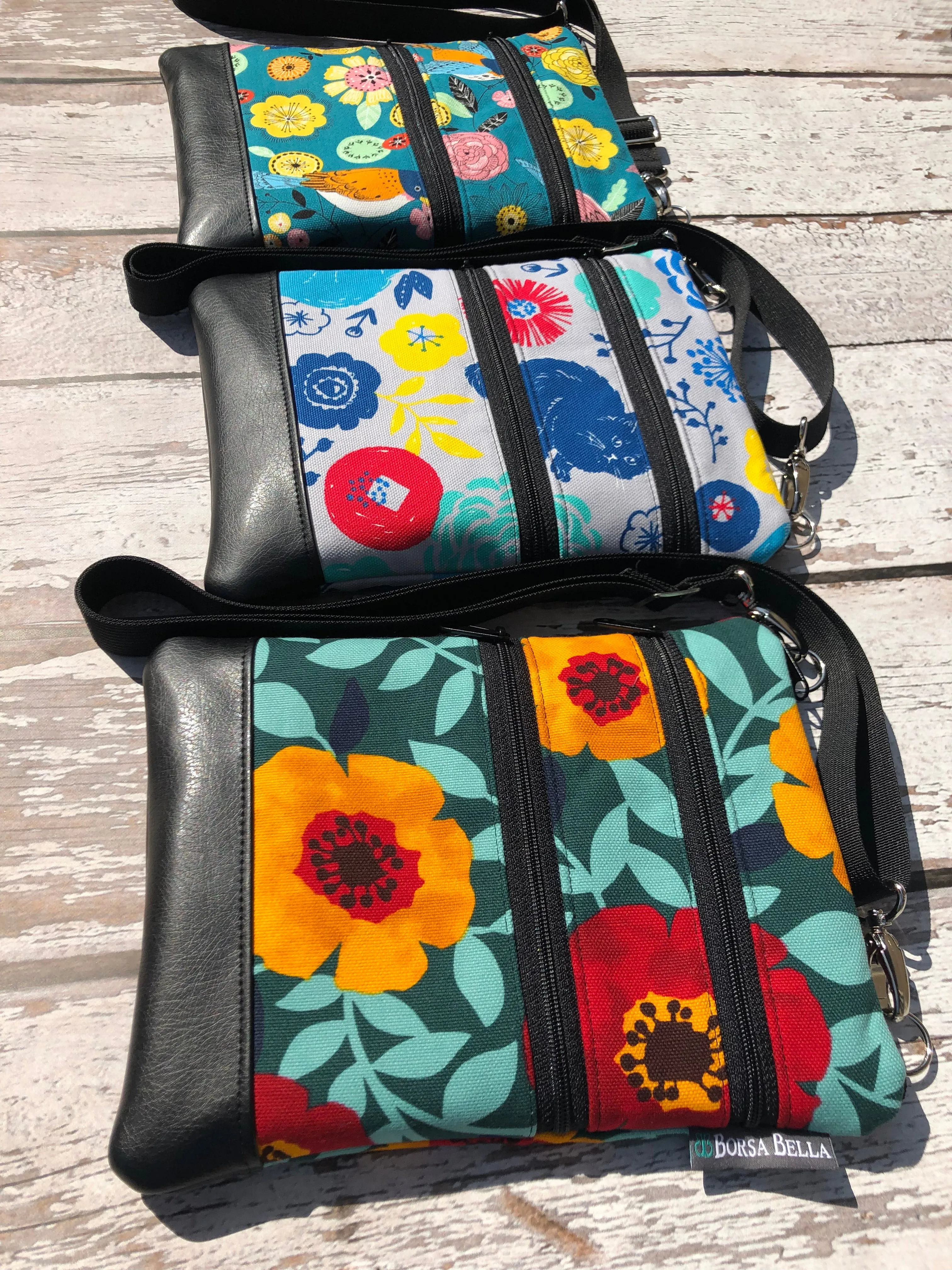 Travel Bags Crossbody Purse - Cross Body - Faux Leather - Tablet Purse - Wild Bush Flowers BLACK Fabric