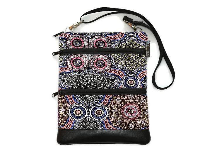 Travel Bags Crossbody Purse - Cross Body - Faux Leather - Tablet Purse - Wild Bush Flowers BLACK Fabric