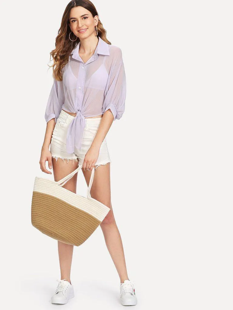 Two Tone Straw Tote Bag