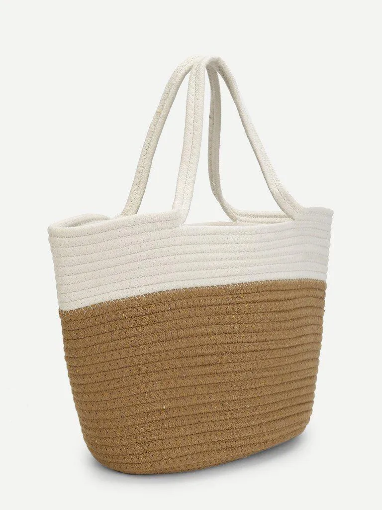 Two Tone Straw Tote Bag