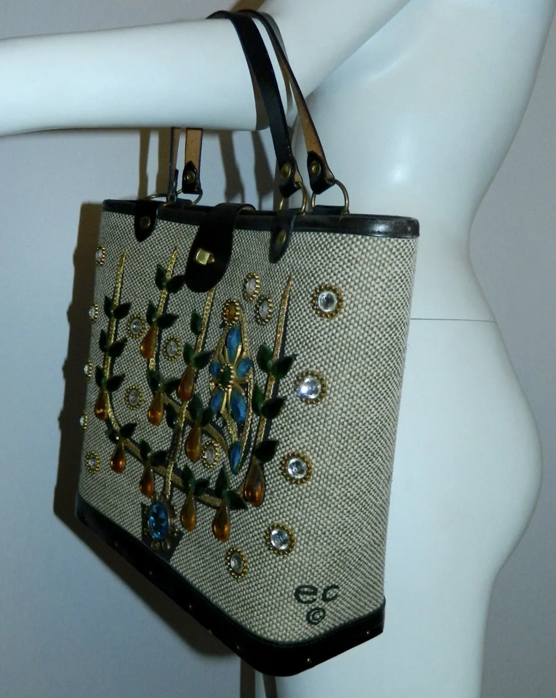 vintage 1960s Enid Collins tote bag Pear Tree jeweled purse wood panel