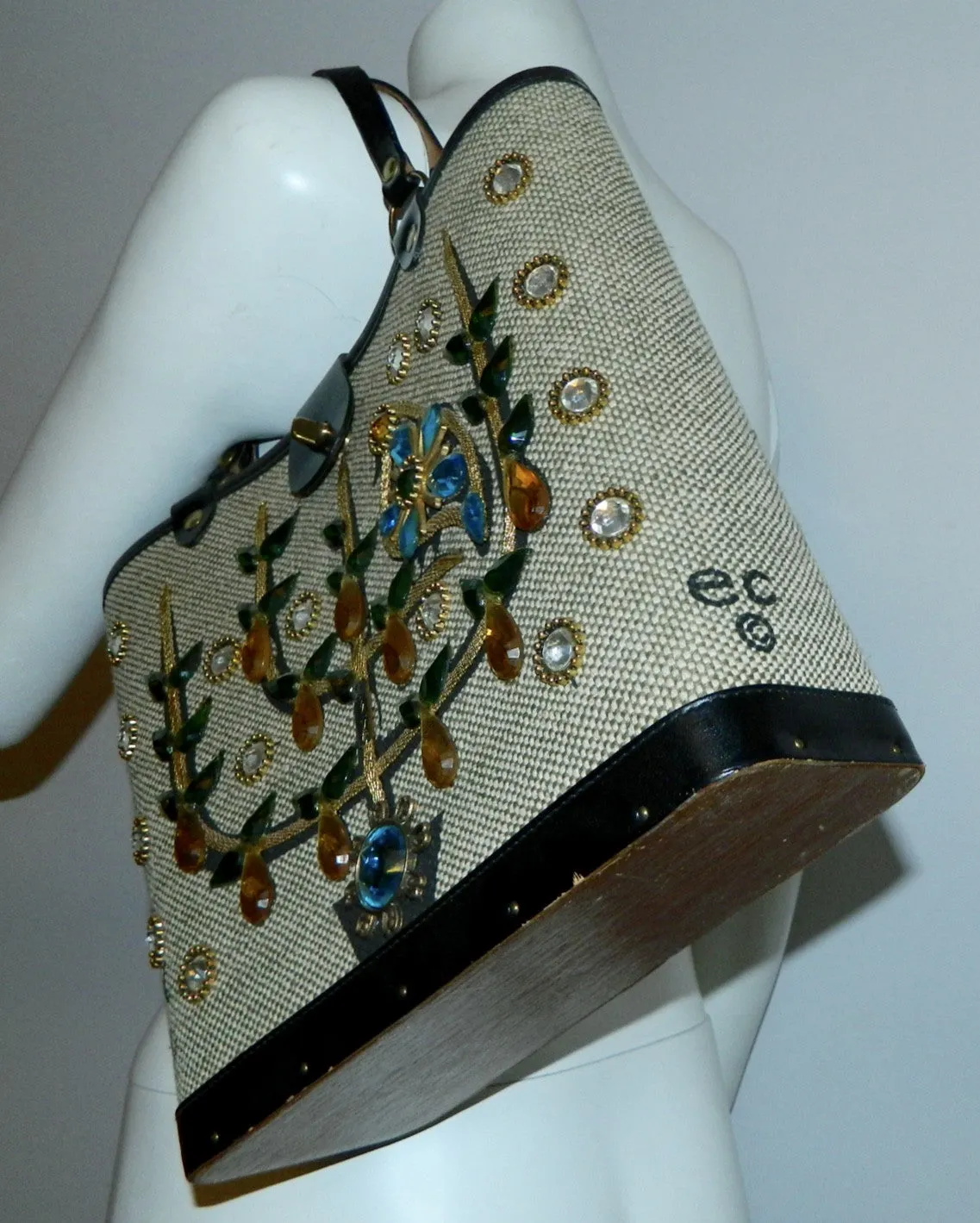 vintage 1960s Enid Collins tote bag Pear Tree jeweled purse wood panel