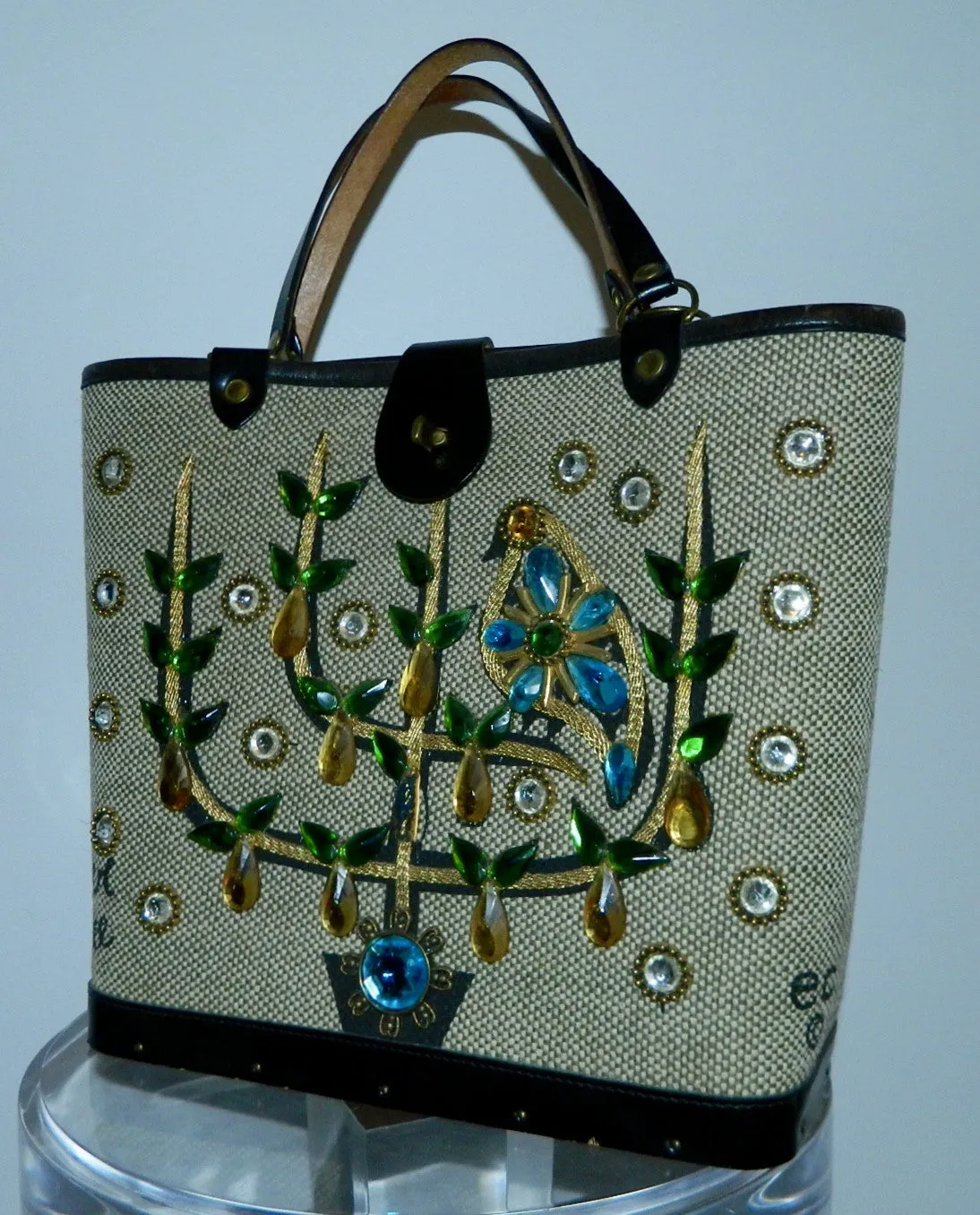 vintage 1960s Enid Collins tote bag Pear Tree jeweled purse wood panel