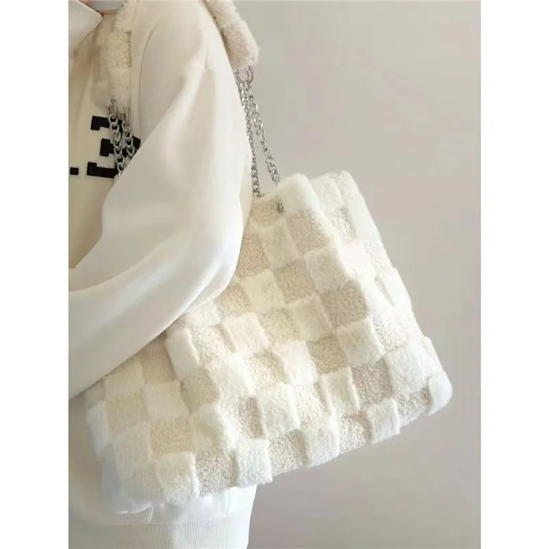 White Plush One Shoulder Bag Casual Tote Bag